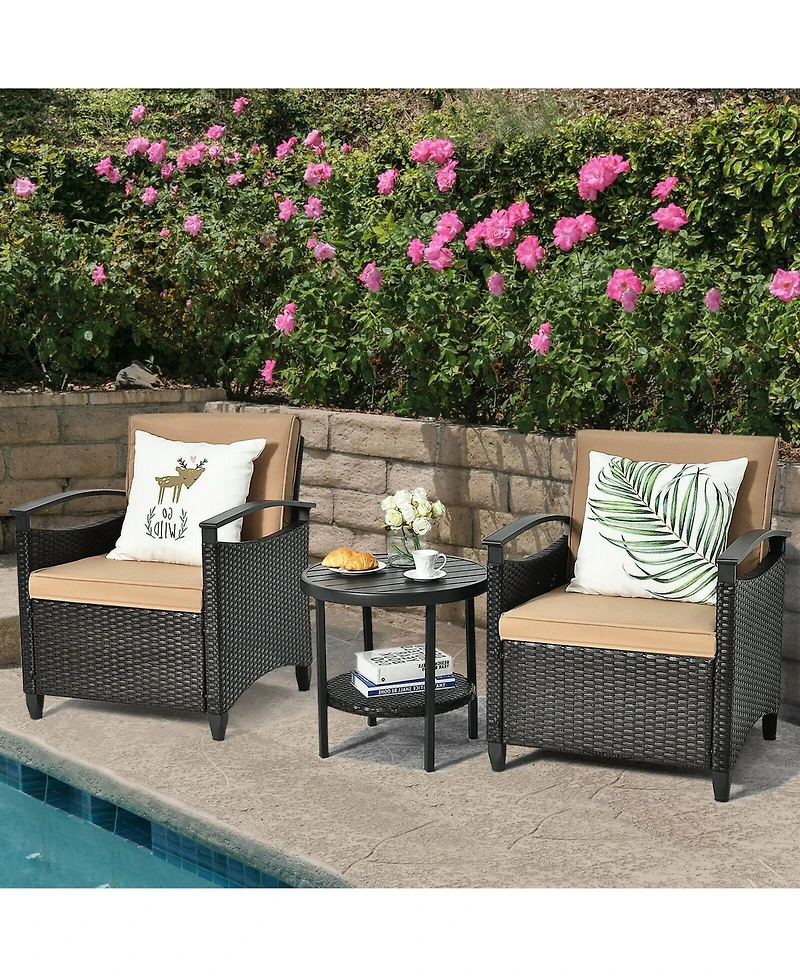 3 Pieces Patio Rattan Furniture Set Cushioned Sofa Storage Table with Shelf Garden