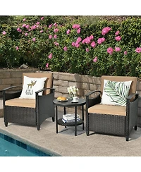 3 Pieces Patio Rattan Furniture Set Cushioned Sofa Storage Table with Shelf Garden