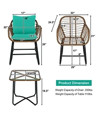 Slickblue 3 Pieces Patio Rattan Bistro Set Cushioned Chair Glass Table Deck