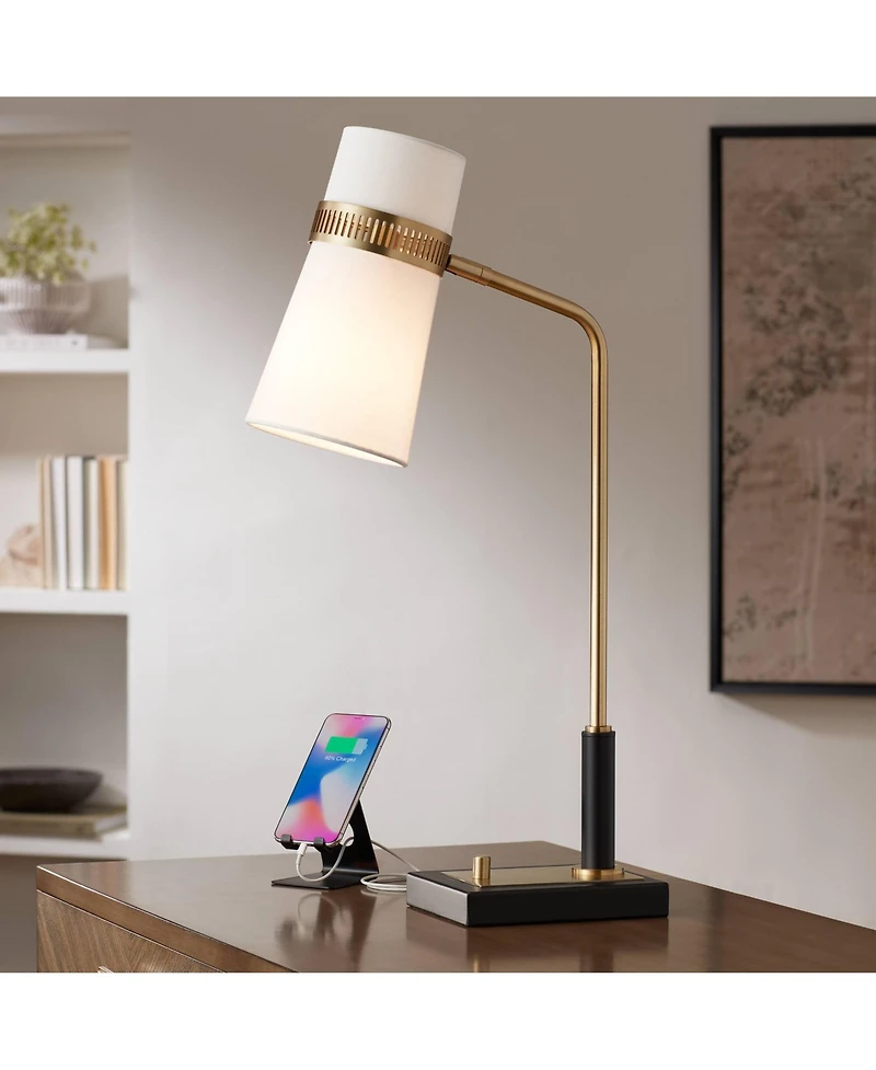 Cartwright Mid Century Modern Desk Table Lamp with Usb Port 32" Tall Antique Brass Metal Linen Shade Decor for Living Room Bedroom House Bedside Night