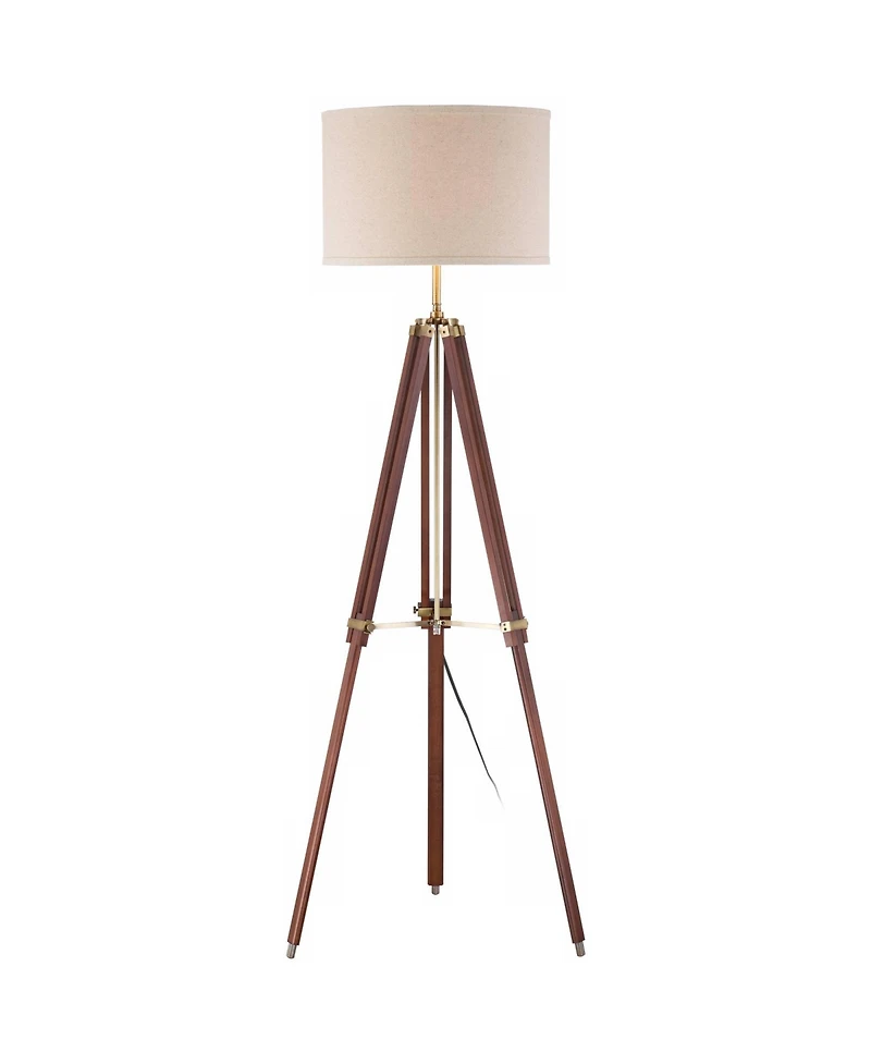 Possini Euro Design Surveyor Modern Tripod Floor Lamp 57 1/2" Tall Cherry Wood Adjustable Beige Linen Drum Shade for Living Room Bedroom Office H