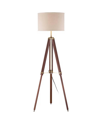 Possini Euro Design Surveyor Modern Tripod Floor Lamp 57 1/2" Tall Cherry Wood Adjustable Beige Linen Drum Shade for Living Room Bedroom Office H