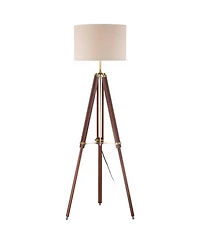 Possini Euro Design Surveyor Modern Tripod Floor Lamp 57 1/2" Tall Cherry Wood Adjustable Beige Linen Drum Shade for Living Room Bedroom Office H
