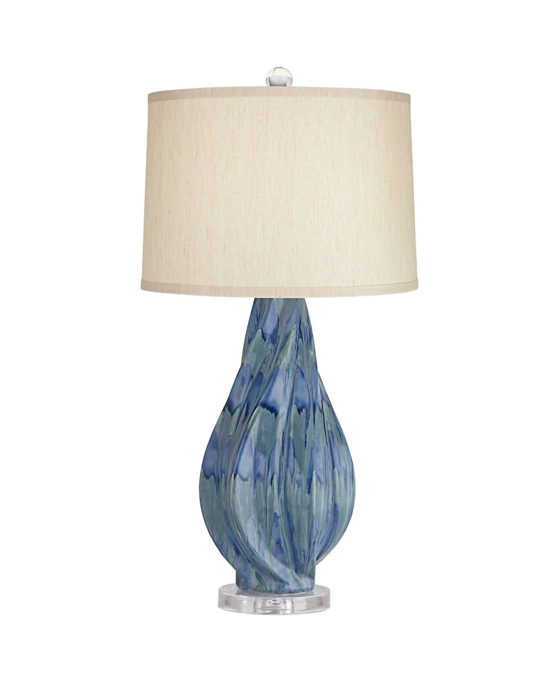Possini Euro Design Teresa Modern Table Lamp 31" Tall Teal Blue Ceramic with Table Top Dimmer Beige Fabric Drum Shade for Bedroom Living Room Bed