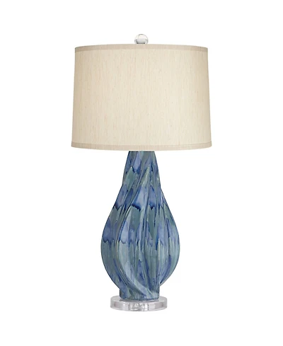 Possini Euro Design Teresa Modern Table Lamp 31" Tall Teal Blue Ceramic with Table Top Dimmer Beige Fabric Drum Shade for Bedroom Living Room Bed