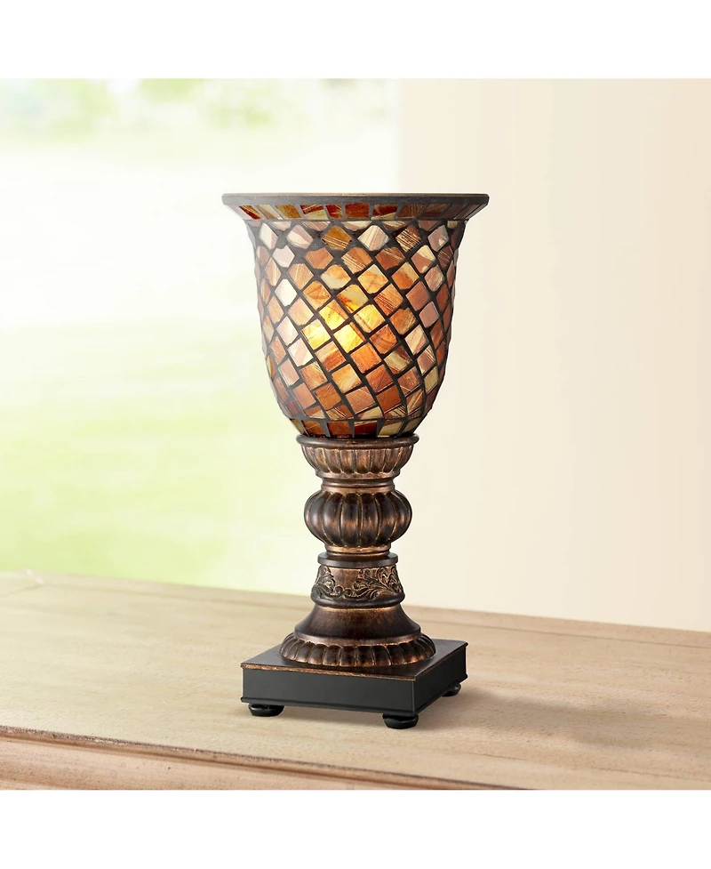 Regency Hill Traditional Uplight Accent Table Lamp 12" High Dark Bronze Amber Mosaic Glass Shade Bedroom House Bedside Nightstand