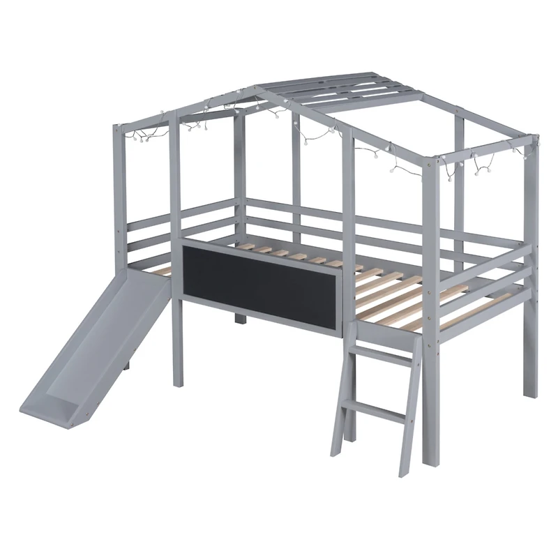 Streamdale Twin Loft Bed with Ladder, Slide, Blackboard, and Light Strip