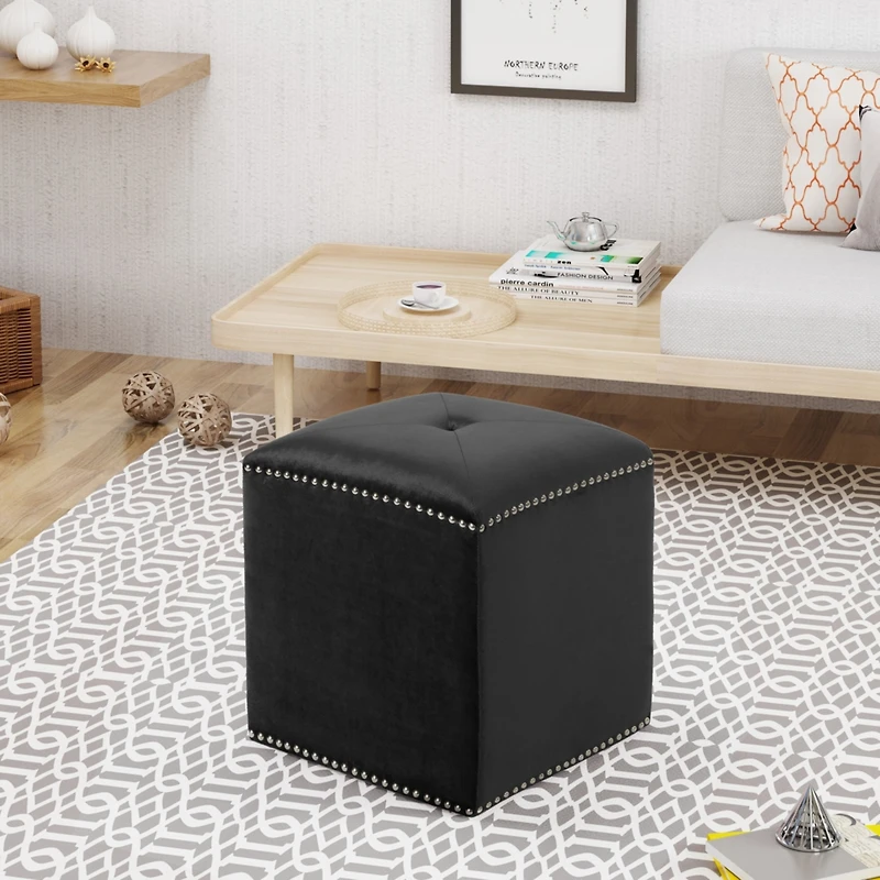 Streamdale Plush Velvet Square Ottoman with Studded Trim and Single Tuft