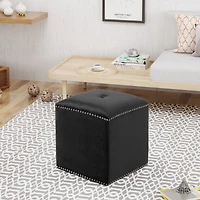 Streamdale Plush Velvet Square Ottoman with Studded Trim and Single Tuft