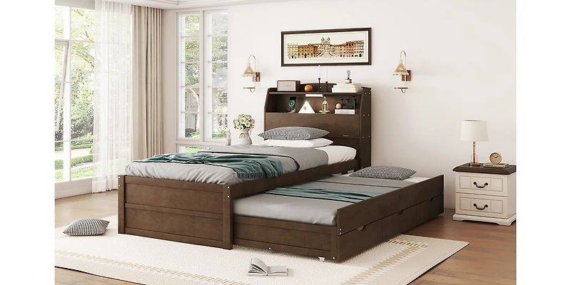 Streamdale Twin Wooden Led Platform Bed with Storage & Trundle