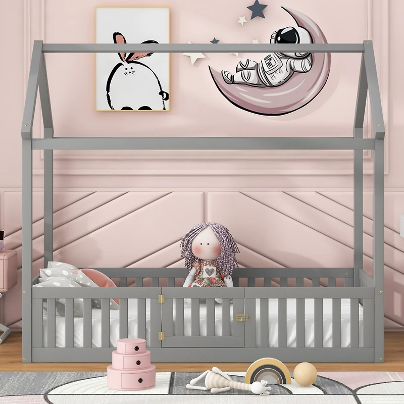 Streamdale Twin Wood House Bed with Fence and Door, Gray