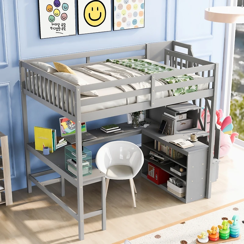 Streamdale Loft Bed with Desk, Shelves, and Staircase, Gray