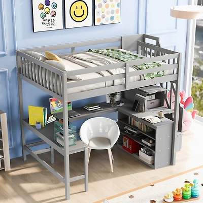 Streamdale Loft Bed with Desk, Shelves, and Staircase, Gray