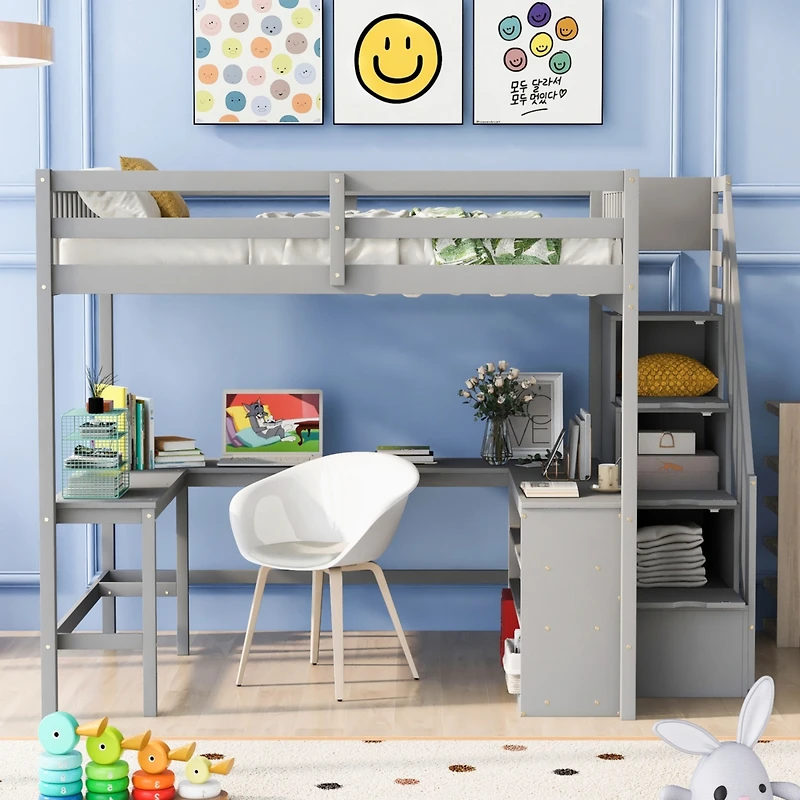 Streamdale Loft Bed with Desk, Shelves, and Staircase, Gray