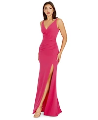 Dress the Population Women's Jordan V-Neck Asymmetrical Ruched Bodycon Maxi