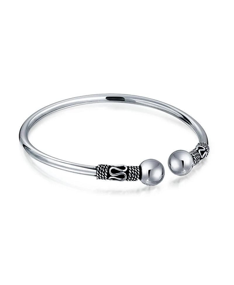 Bling Jewelry Boho Balinese Bali Style Scroll Ball Tips Bypass Stacking Black Bangle Cuff Bracelet Oxidized Sterling Silver