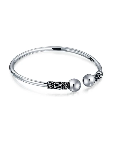 Bling Jewelry Boho Balinese Bali Style Scroll Ball Tips Bypass Stacking Black Bangle Cuff Bracelet Oxidized Sterling Silver