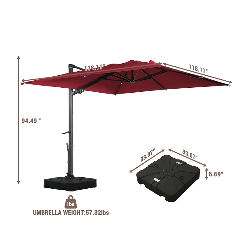 Mondawe 10ft Suqare 360 Degree Rotation Cantilever Umbrella w/ Weight Base Included