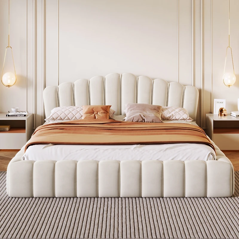 Streamdale Beige Velvet Queen Bed Frame with Shell-Shaped Headboard