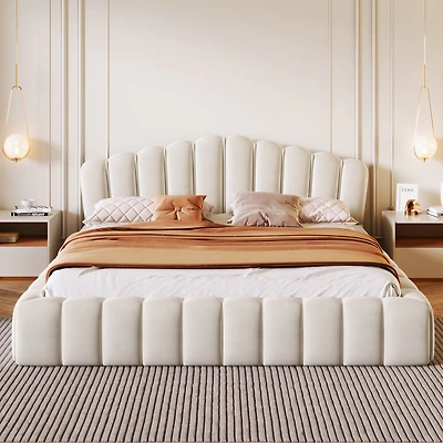Streamdale Beige Velvet Queen Bed Frame with Shell-Shaped Headboard