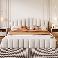 Streamdale Beige Velvet Queen Bed Frame with Shell-Shaped Headboard