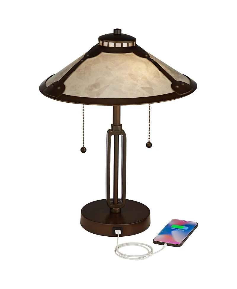 Franklin Iron Works Samuel Industrial Desk Lamp 20" High Rubbed Bronze with Usb Charging Port Natural Mica Shade for Bedroom Living Room Bedside