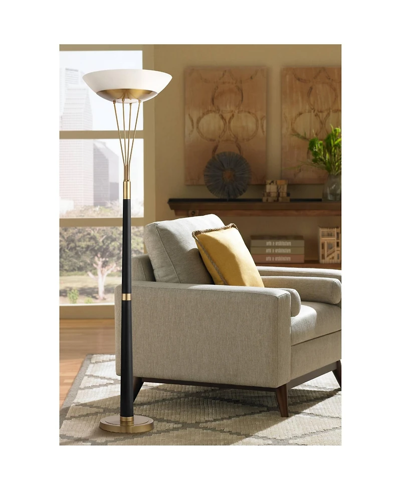 Possini Euro Design Ventura Mid Century Modern Torchiere Floor Lamp Standing Led 75" Tall Black Antique Brass Gold Metal Frosted Glass Bowl Shade for