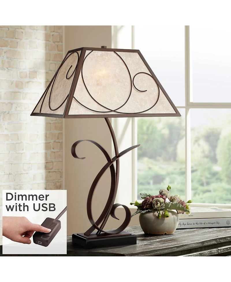 Franklin Iron Works Teri Rustic Country Cottage Table Lamp 27" Tall Brown Metal Floral Light Mica Tapered Shade for Bedroom Living Room House Hom