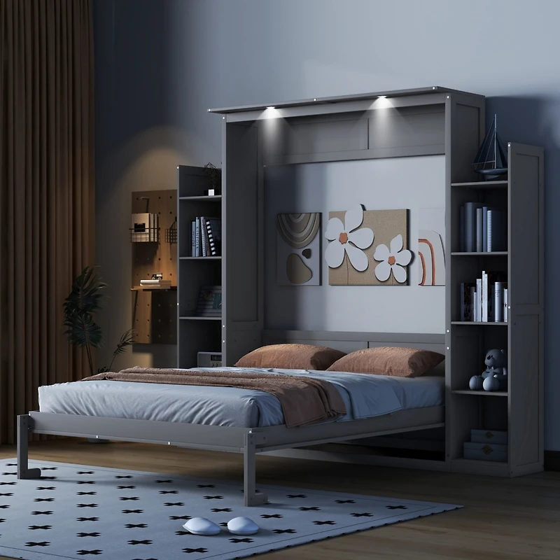 Streamdale Queen Murphy Bed Wall with Shelves and Led Lights, White