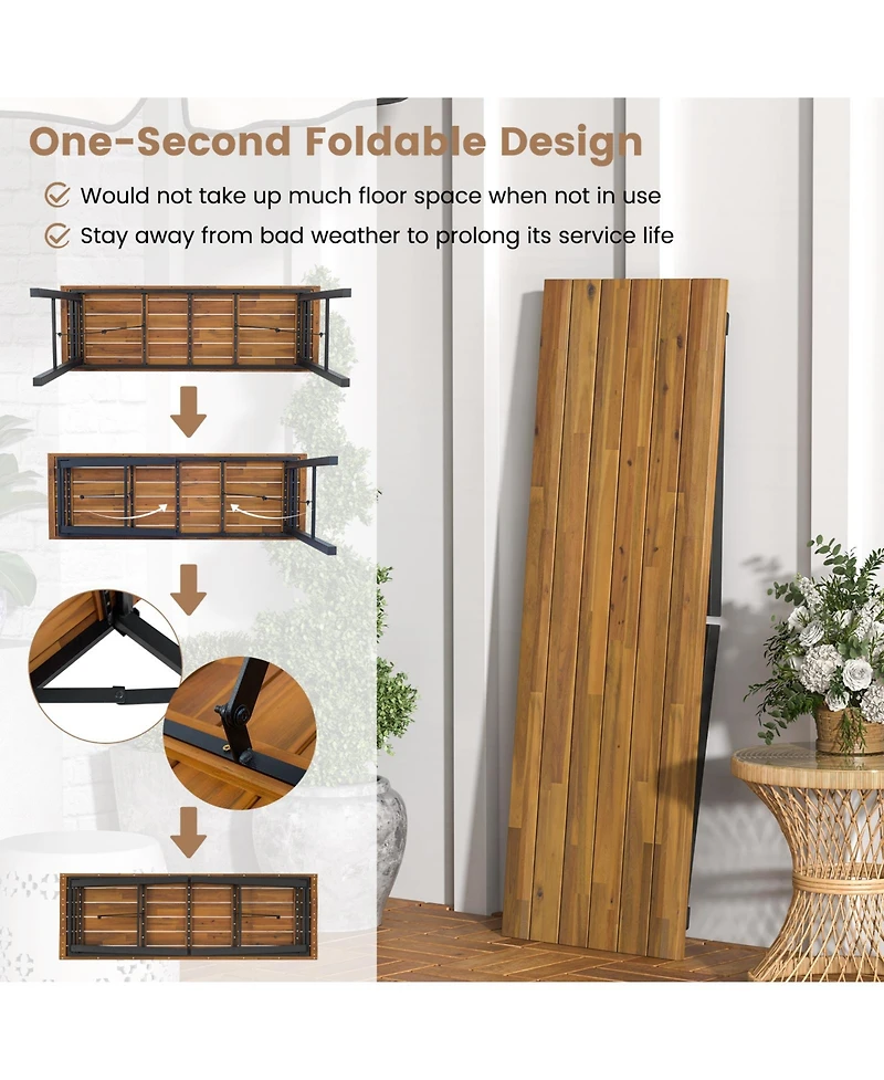 Slickblue Folding Picnic Table Acacia Wood Dining Table with Metal Frame for Indoor Outdoor Activities