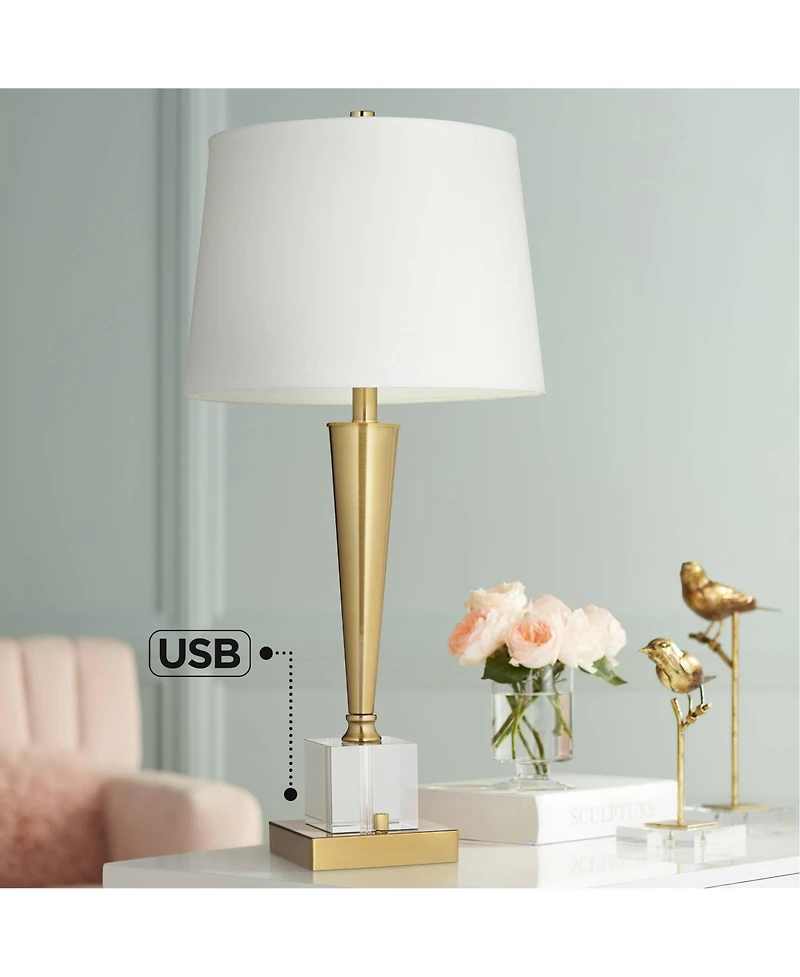 Possini Euro Design Wayne 29 1/4" Tall Modern Glam End Table Lamp Usb Port Brass Finish Metal Crystal Single Living Room Charging