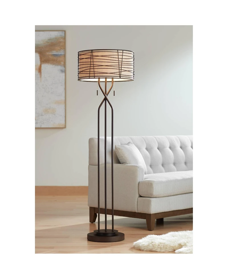 Franklin Iron Works Marlowe Rustic Farmhouse Floor Lamp 60 1/2" Tall Bronze Metal Oster Woven Burlap Fabric Inner Drum Shade for Living Room Bedr