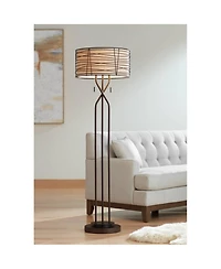 Franklin Iron Works Marlowe Rustic Farmhouse Floor Lamp 60 1/2" Tall Bronze Metal Oster Woven Burlap Fabric Inner Drum Shade for Living Room Bedr