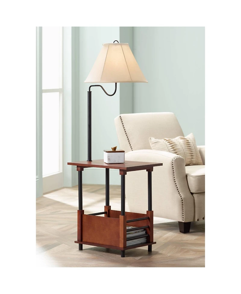 Regency Hill Marville Mission Rustic Farmhouse Floor Lamp with End Table 55" Tall Wood Open Crate Swing Arm Off White Empire Shade for Living Roo