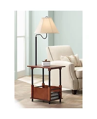 Regency Hill Marville Mission Rustic Farmhouse Floor Lamp with End Table 55" Tall Wood Open Crate Swing Arm Off White Empire Shade for Living Roo