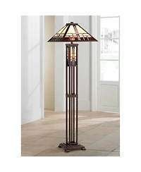 Robert Louis Tiffany Mission Rustic Floor Lamp 60 1/2" Tall Oiled Bronze with Nightlight Geometric Stained Art Glass Shade for Living Room Bedroo
