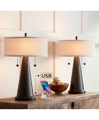 Franklin Iron Works Craig Rustic Farmhouse Accent Table Lamps 23" High Set of 2 Bronze with Usb Charging Port Natural Drum Shade for Bedroom Desk