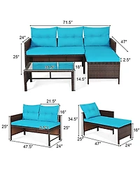 Sugift 3 Pieces Outdoor Patio Corner Rattan Sofa Set-Turquoise