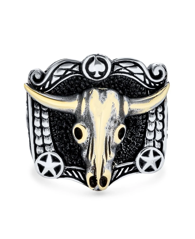 Bling Jewelry Black Textured Animal Buffalo Cow Skull Antelope Goat Big Texas Longhorn Signet Ring Two Tone Sterling Silver
