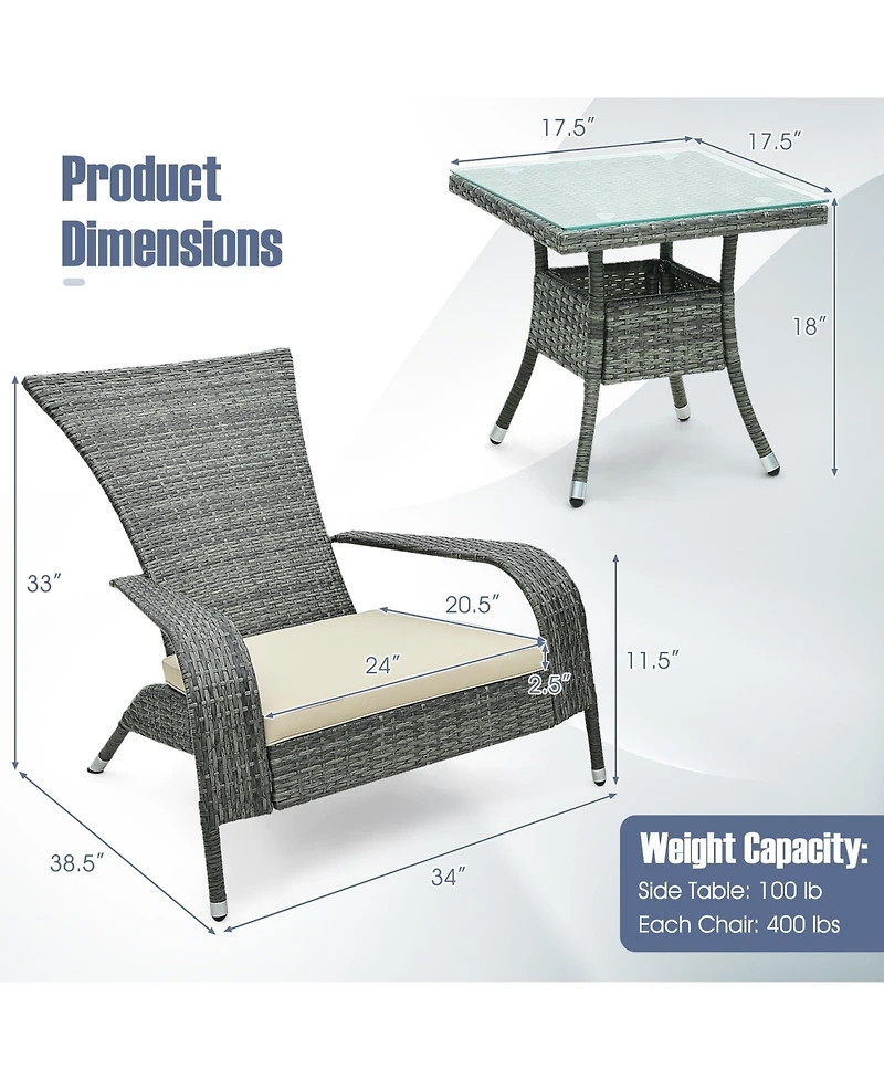 Vebreda 3-Piece Wicker Adirondack Set with Comfy Seat Cushions
