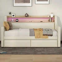 Simplie Fun Twin Size Daybed with Storage Drawers, Upholstered Daybed with Charging Station and Led Lights, Beige