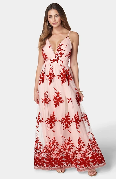 Bebe Women's Plunge Neck Embroidered Maxi Dress