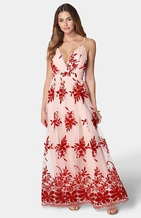 Bebe Women's Plunge Neck Embroidered Maxi Dress