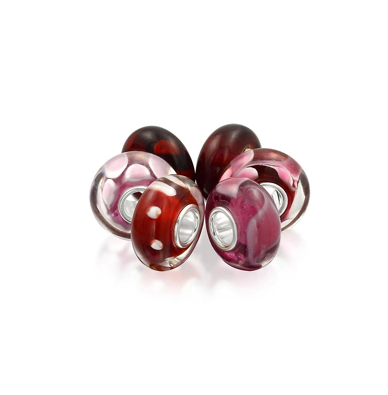 Bling Jewelry Mixed 6 Set Of Bundle Sterling Silver Core Translucent Shades Of Red Pink Murano Glass Swirl Flower Charm Bead Spacer Fits European Brac