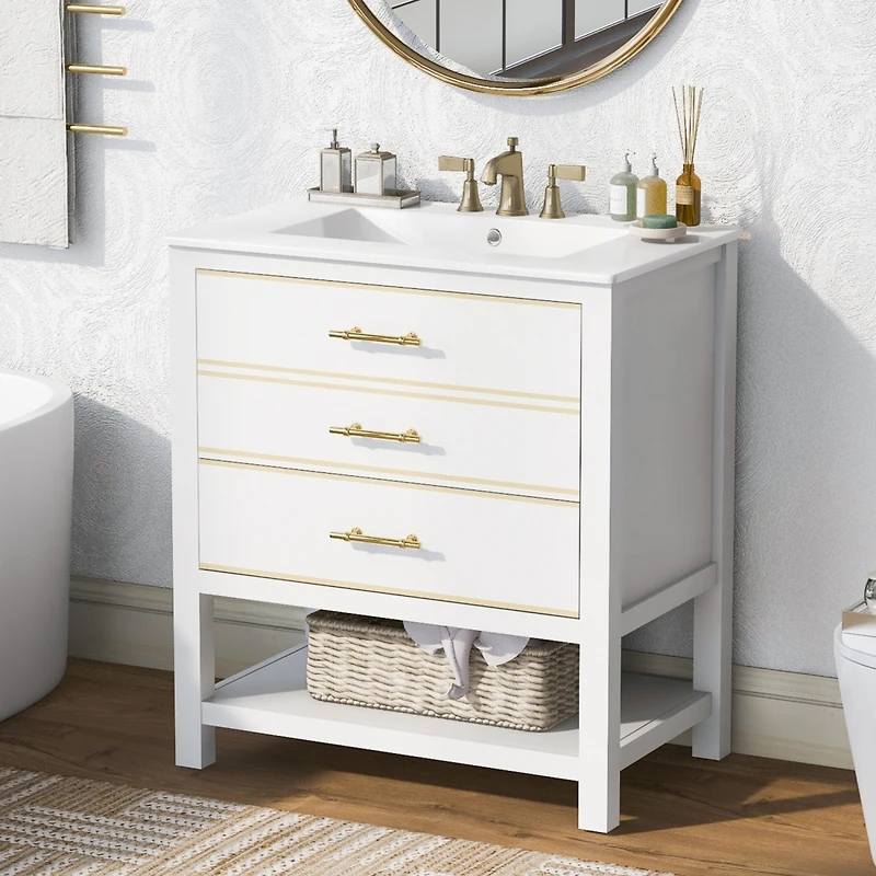 Streamdale White Bathroom Vanity with Modern Open Storage and Drawers (30 Inch)