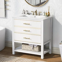Streamdale White Bathroom Vanity with Modern Open Storage and Drawers (30 Inch)