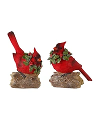 Slickblue Perched Cardinal Bird On Log With Holly Wreath Accent (Set of 2)