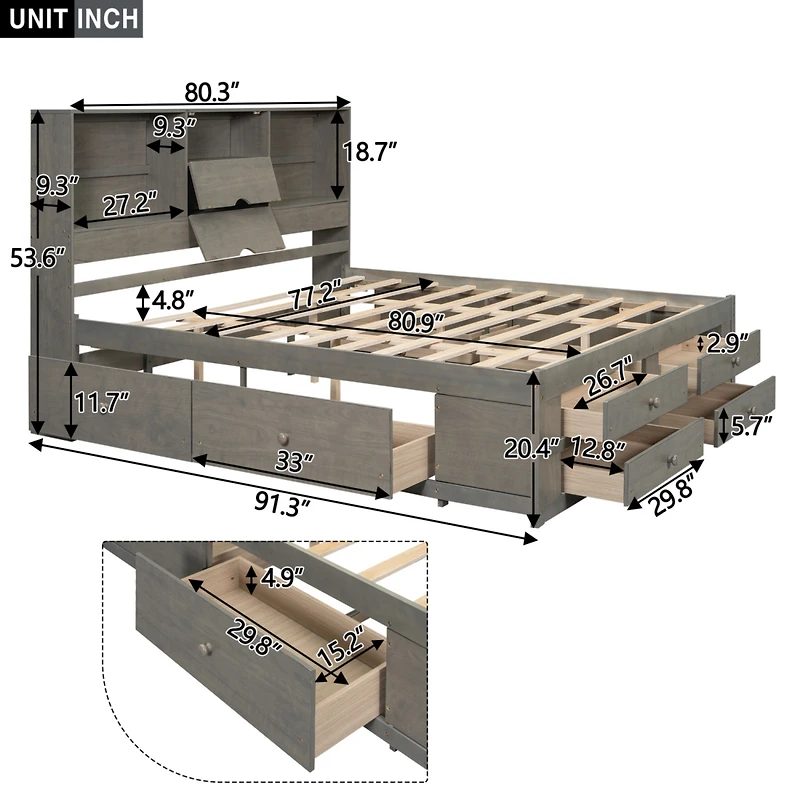 Streamdale King Platform Bed with Storage Headboard and 8 Drawers, White