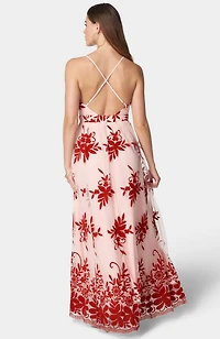 Bebe Women's Plunge Neck Embroidered Maxi Dress