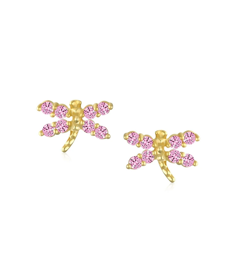 Bling Jewelry Cz Tiny Cubic Zirconia Pink Cz Dragonfly Firefly Butterfly Stud Earrings 14K Yellow Gold Screw back